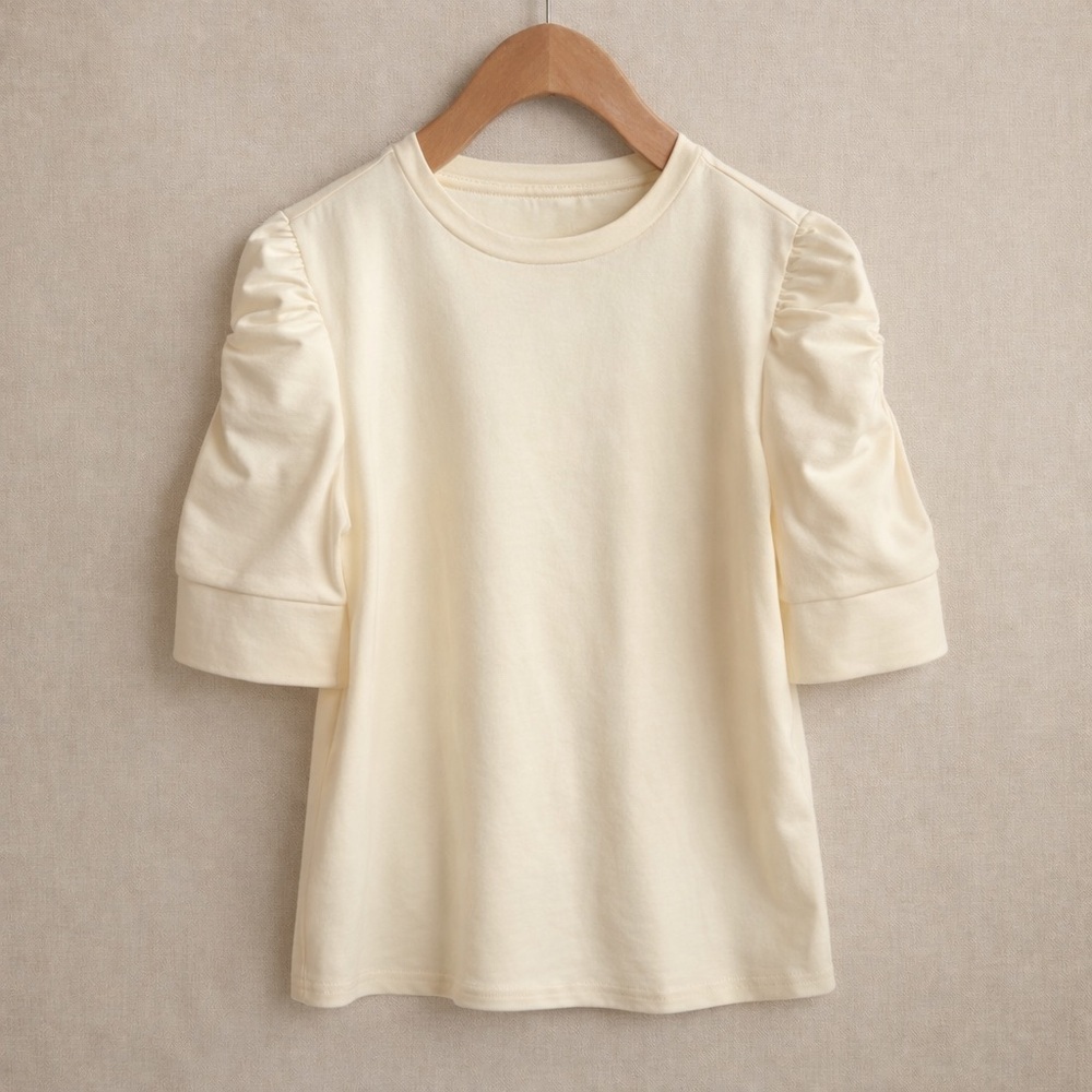 WALTER BAKER cotton puff sleeve top cream butter yellow ruched knit tee